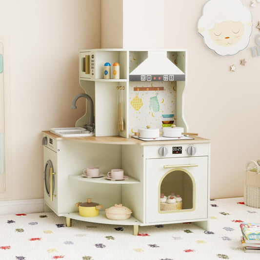 The beige play kitchen set is shown in a child's room with a sheep decoration