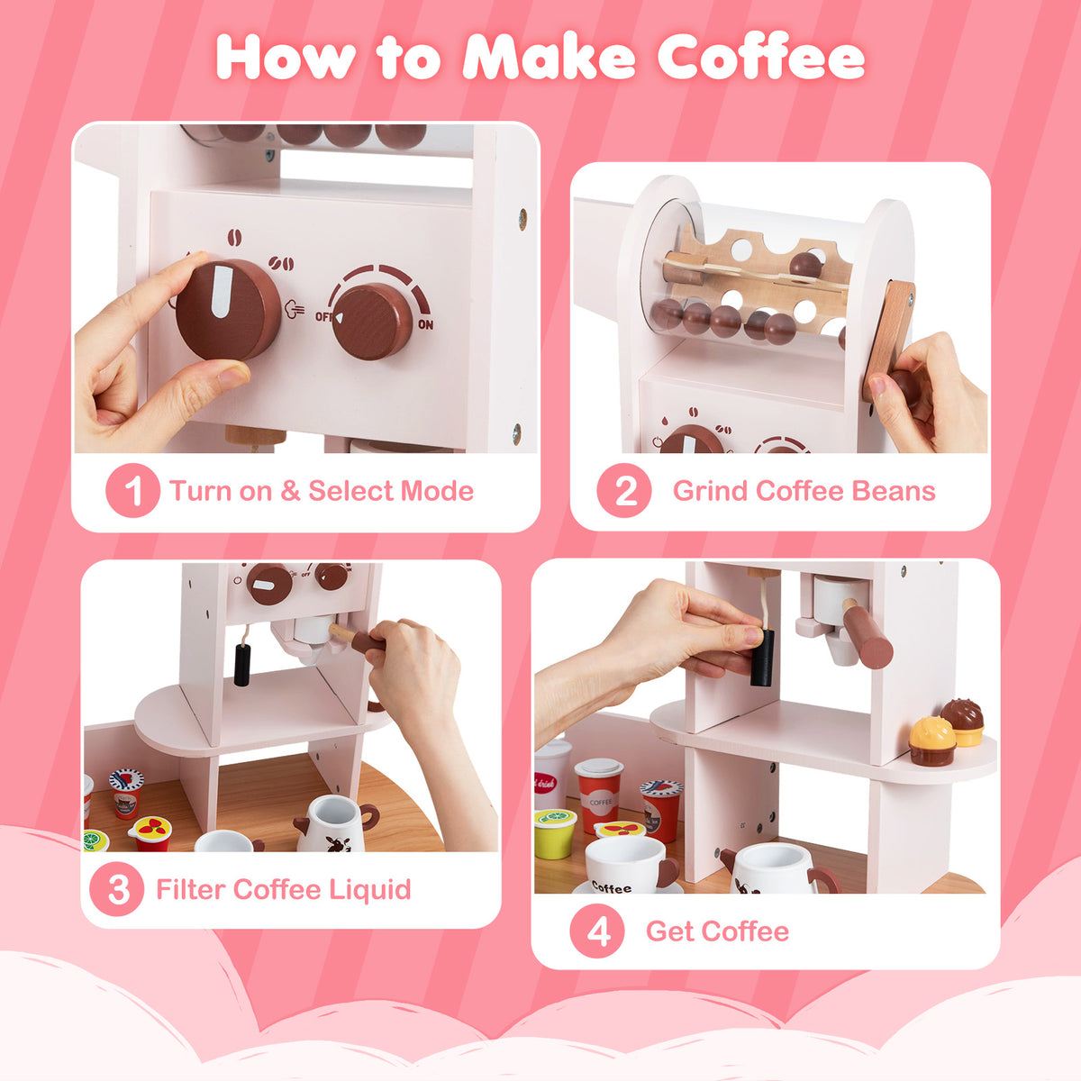 Instructions on how to make coffee with the wooden play kitchen