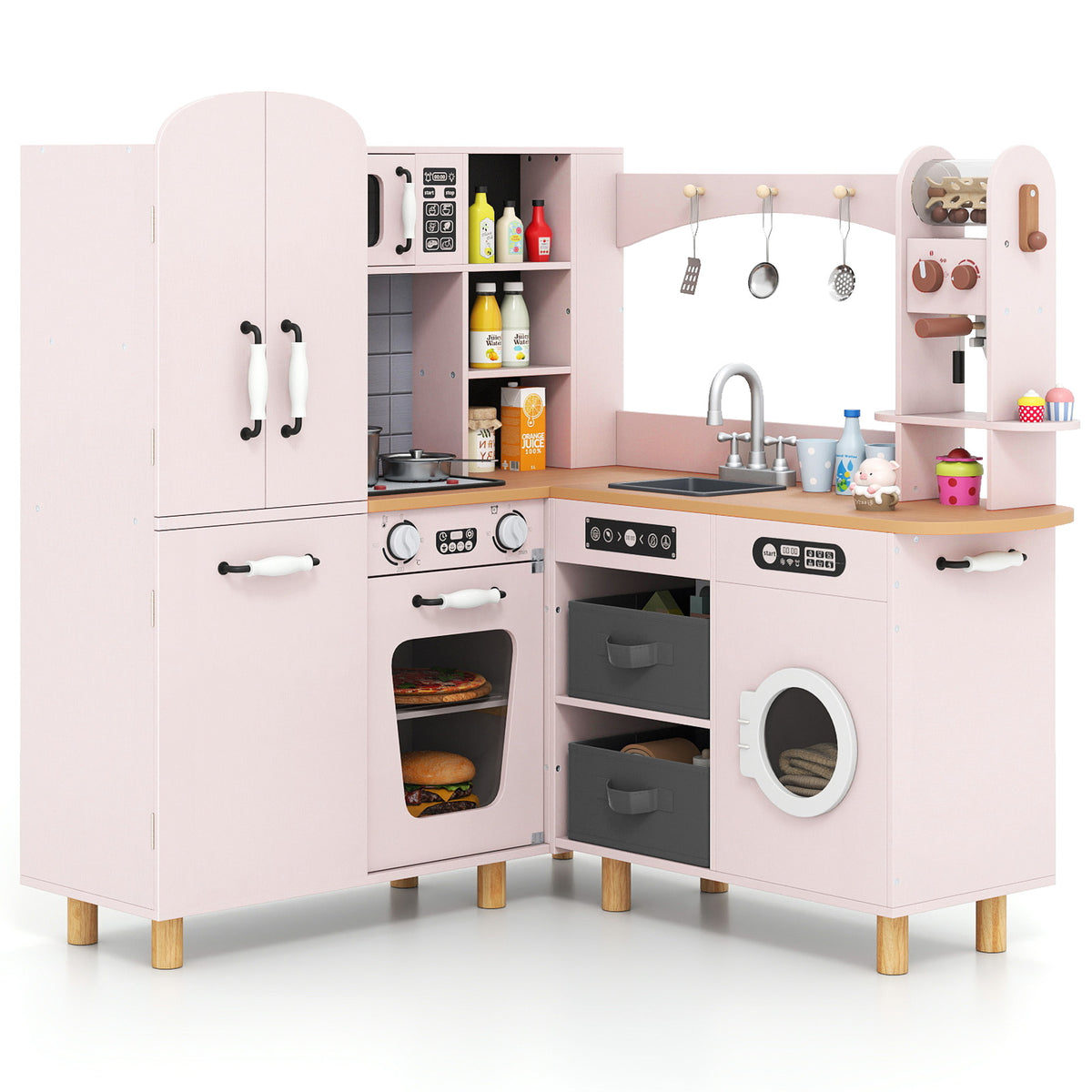Pink wooden corner play kitchen with oven, microwave and sink