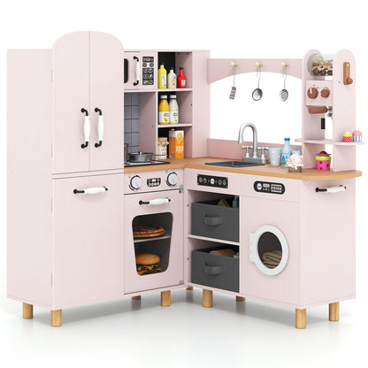 Pink wooden corner play kitchen with oven, microwave and sink
