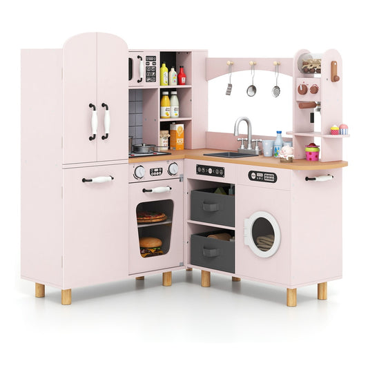 Pink wooden corner play kitchen with oven, microwave and sink