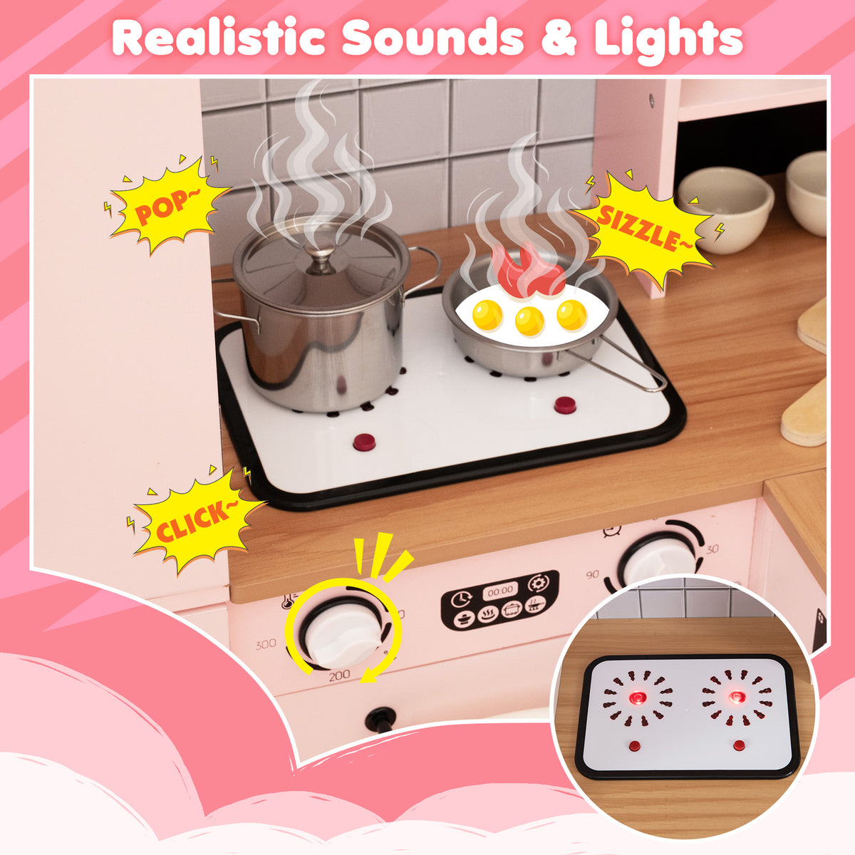 Close up of the hob on the pink wooden play kitchen with realistic sounds and lights