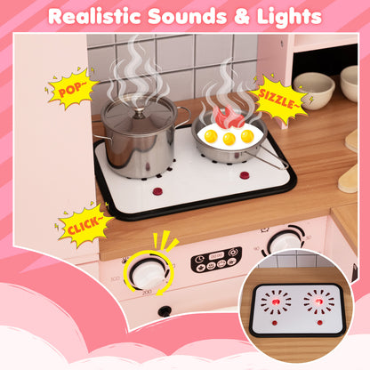 Close up of the hob on the pink wooden play kitchen with realistic sounds and lights
