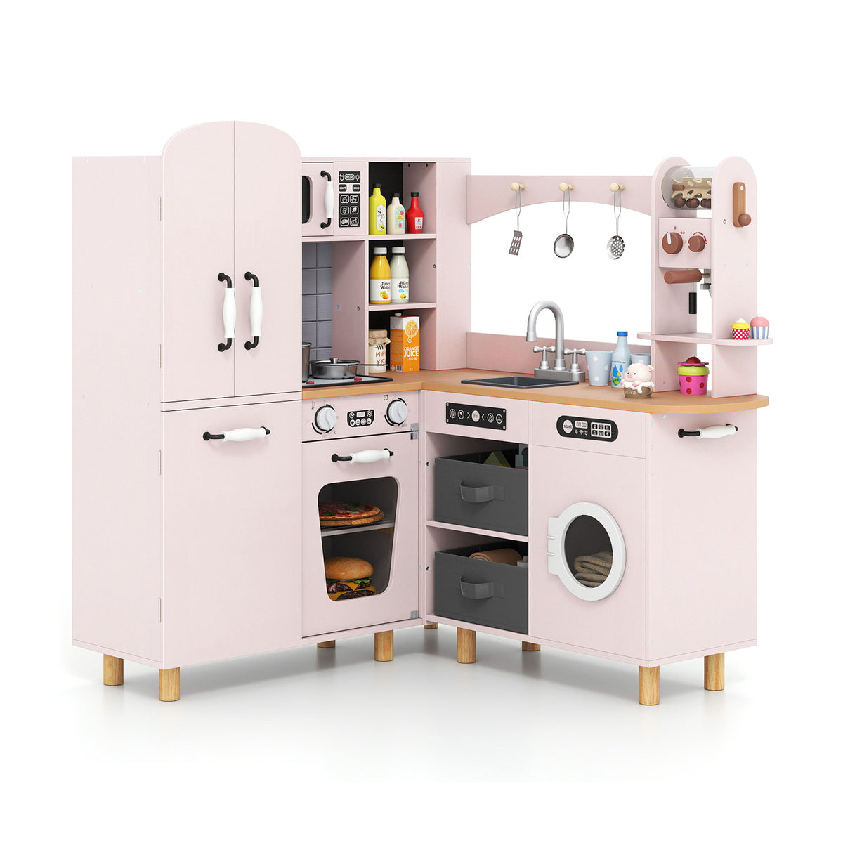 Wooden Corner Play Kitchen with pine wood legs and lights & sounds in pink