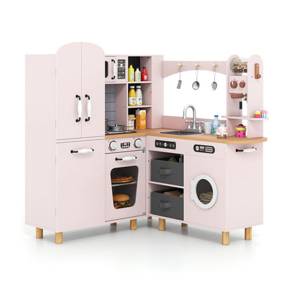 Wooden Corner Play Kitchen with pine wood legs and lights & sounds in pink