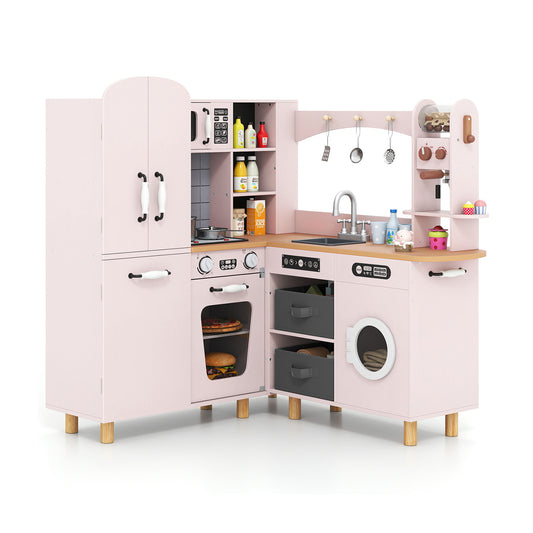 Wooden Corner Play Kitchen with pine wood legs and lights & sounds in pink