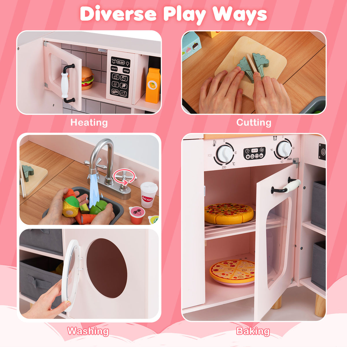 Diverse play ways for the pink wooden play kitchen including heating, cutting, washing and baking