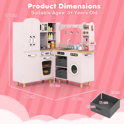 Product dimensions diagram for the pink wooden corner play kitchen