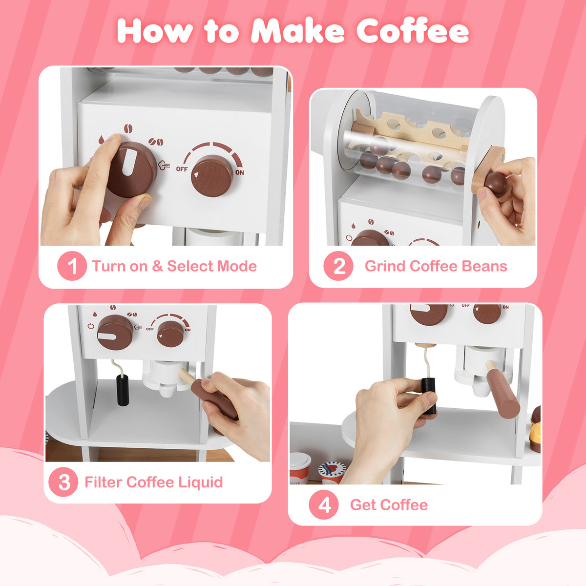 Wooden Corner Play Kitchen, the coffee machine station demonstrating four steps for making a pretend cup of coffee