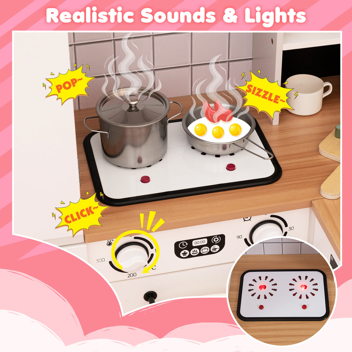 Wooden Corner Play Kitchen, the toy stove top with illuminated burners and steam effects showing interactive features