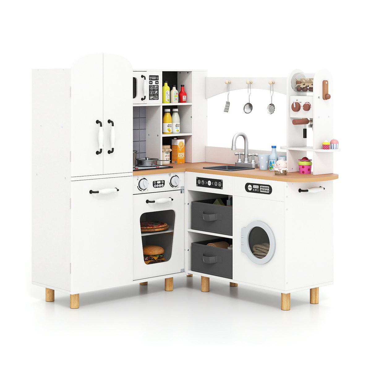 Wooden Corner Play Kitchen with a white finish and pine wood legs shown from a front angle
