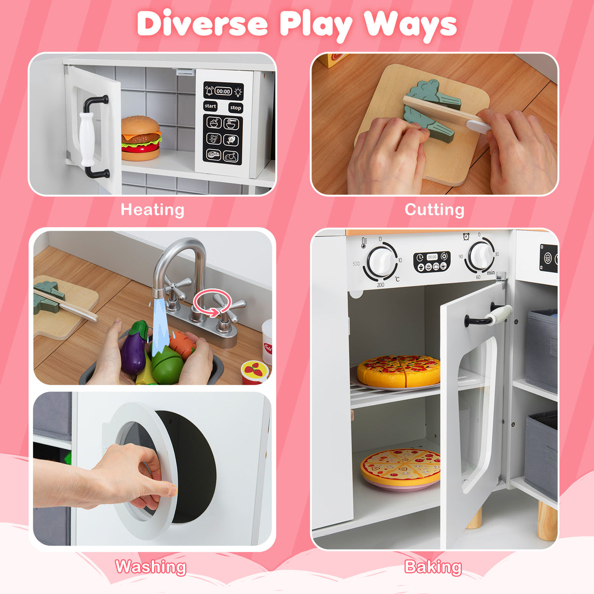 The kitchen set showing various interactive play activities like baking and washing food