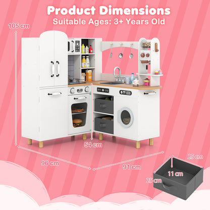 The corner play set showing overall dimensions and a single fabric storage bin