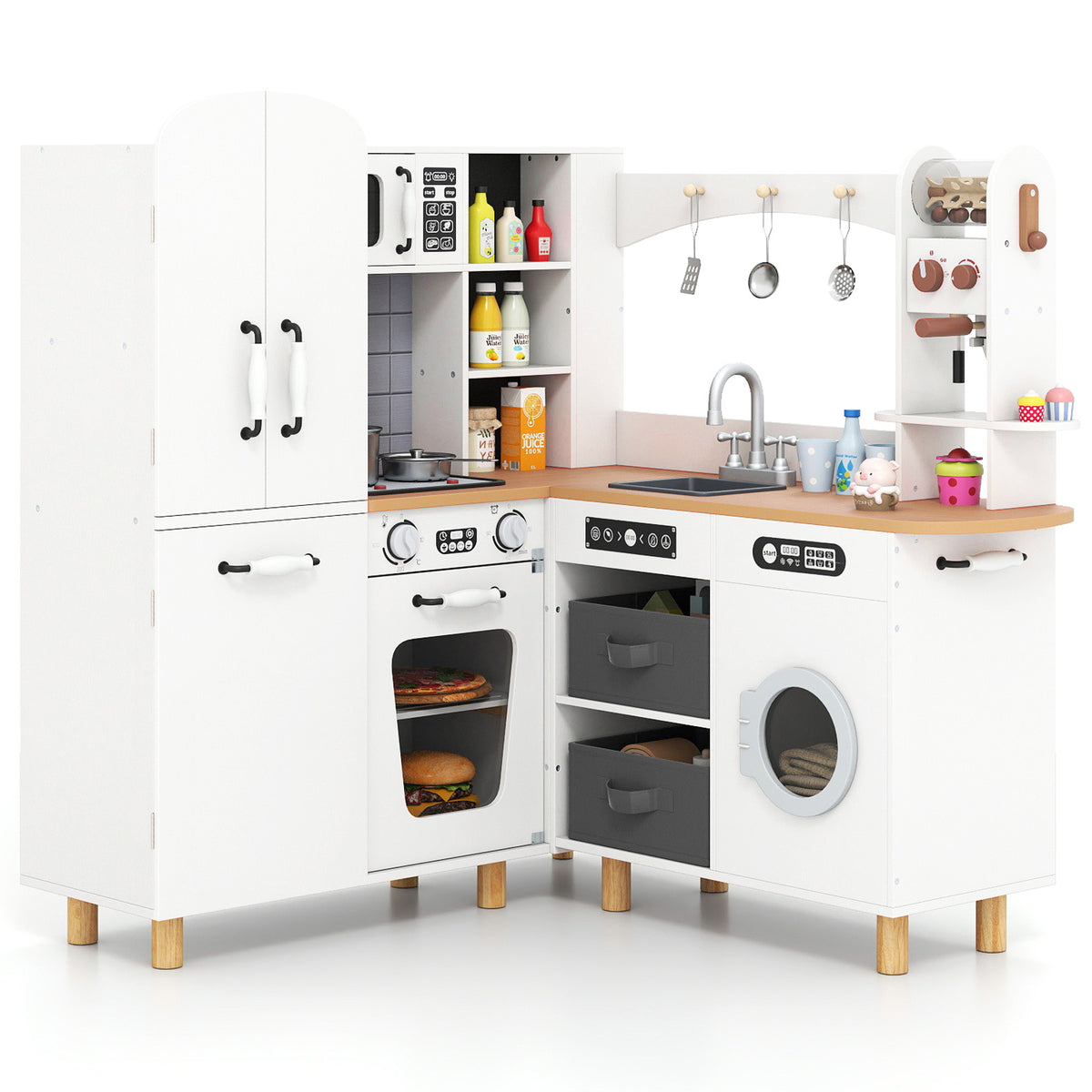 The play kitchen set featuring a sink, oven, washing machine, and storage shelves in white