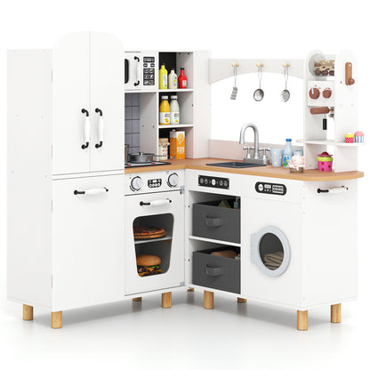 The play kitchen set featuring a sink, oven, washing machine, and storage shelves in white