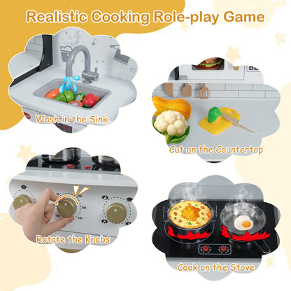 Close up views of washing sink, countertop, stove knobs and cooking on the black corner play kitchen