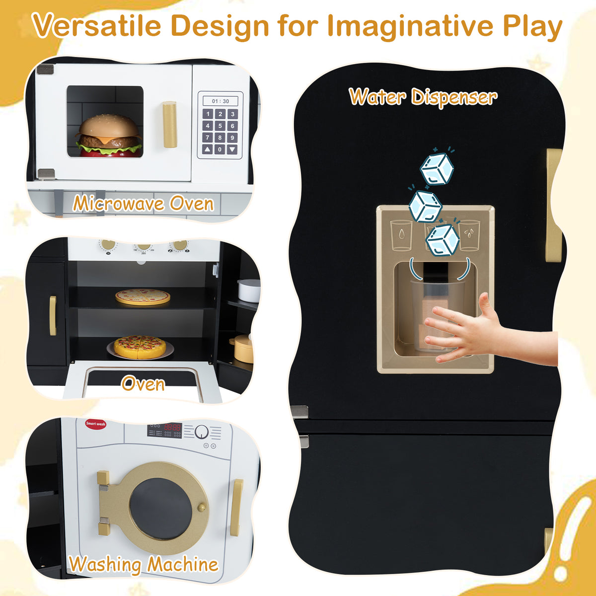 Close up views of the microwave oven, oven, washing machine and water dispenser on the black corner play kitchen
