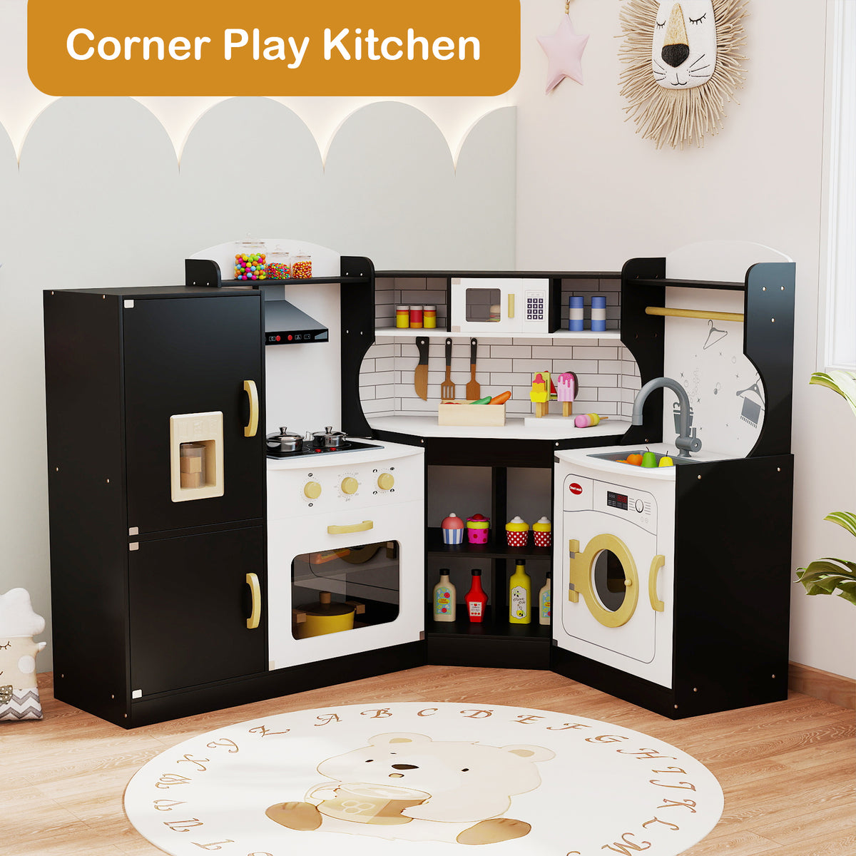 Black corner play kitchen set shown in a room with a rug and wall decorations