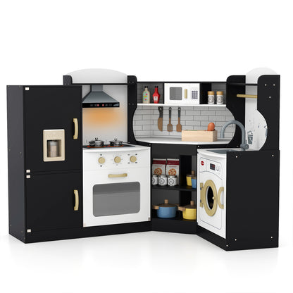 Black corner play kitchen set with oven, sink, fridge and washing machine