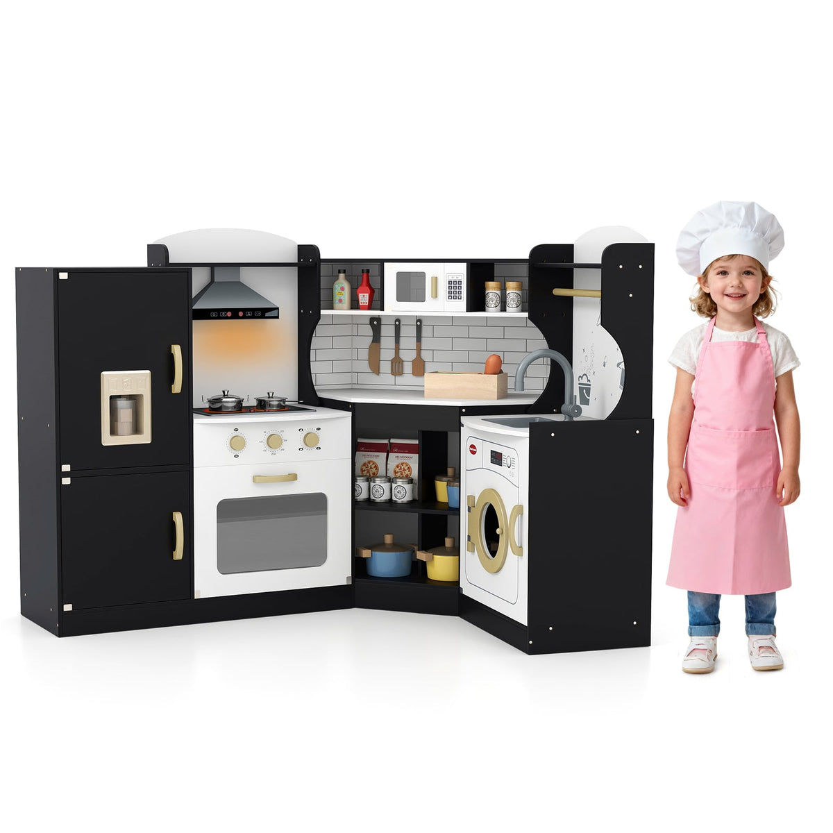 Wooden Corner Play Kitchen with Sounds and Lights a black corner play kitchen set with a child wearing a chef's hat