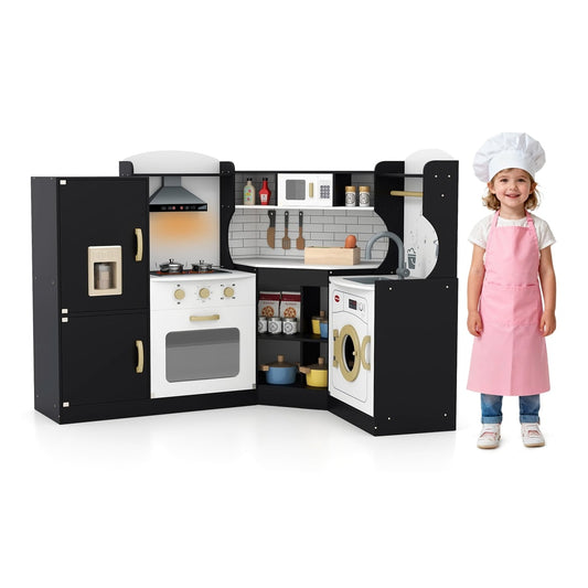 Wooden Corner Play Kitchen with Sounds and Lights a black corner play kitchen set with a child wearing a chef's hat