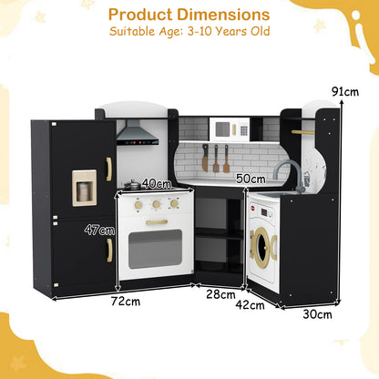 Product dimensions for the black corner play kitchen set showing height and width measurements
