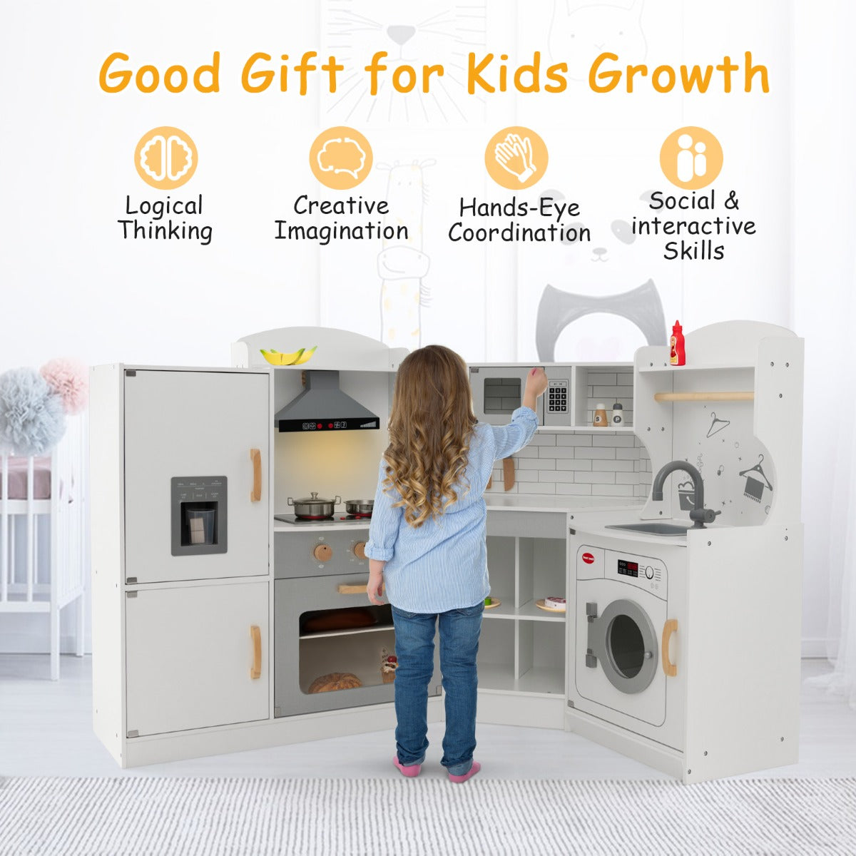 A child interacts with the play kitchen set, highlighting its educational benefits