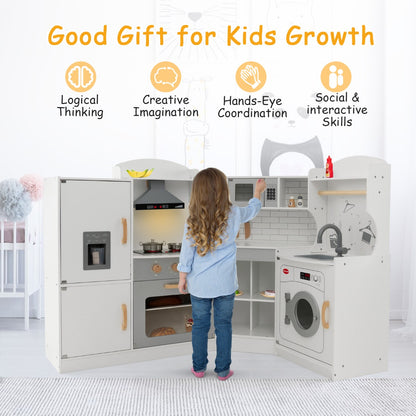 A child interacts with the play kitchen set, highlighting its educational benefits