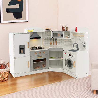 The play kitchen set placed in a corner of a room with a basket of toys nearby