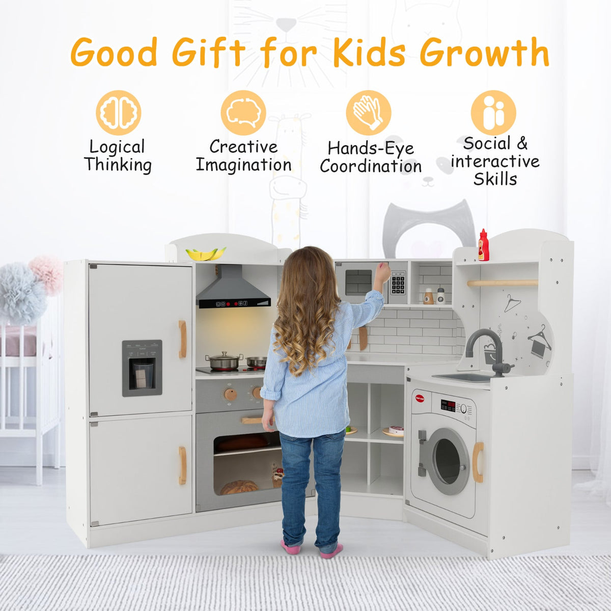 The play kitchen set being used by a girl with text highlighting developmental benefits