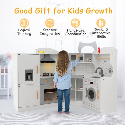 The play kitchen set being used by a girl with text highlighting developmental benefits