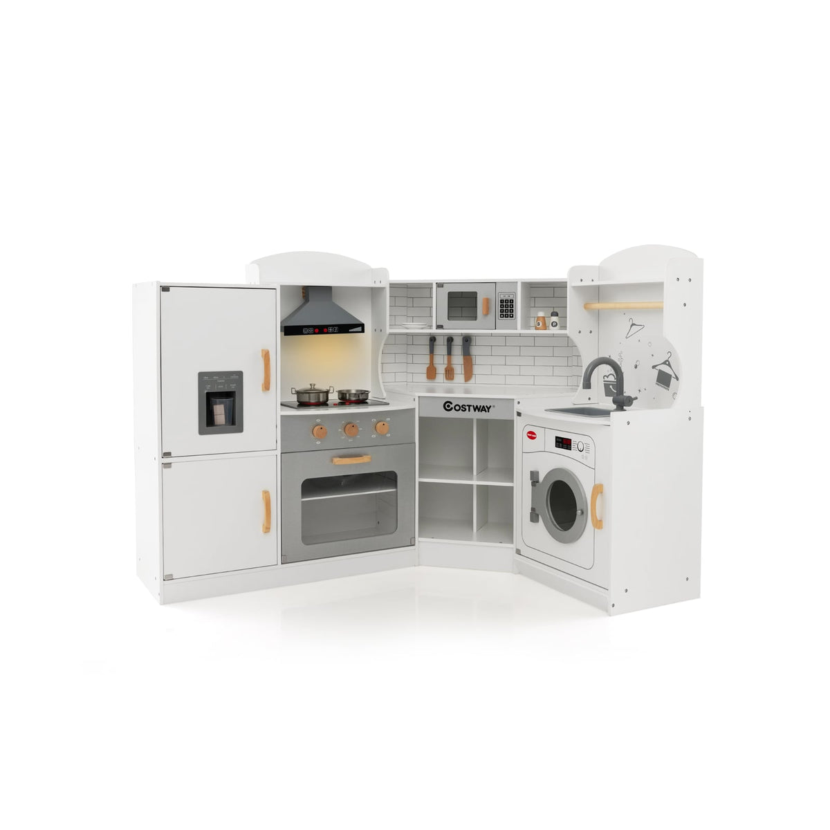 Wooden Corner Play Kitchen with a fridge, oven, hob, sink and washing machine on a white background