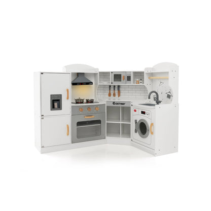 Wooden Corner Play Kitchen with a fridge, oven, hob, sink and washing machine on a white background