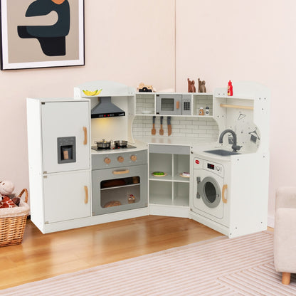 The play kitchen set is shown in a room with a basket and artwork