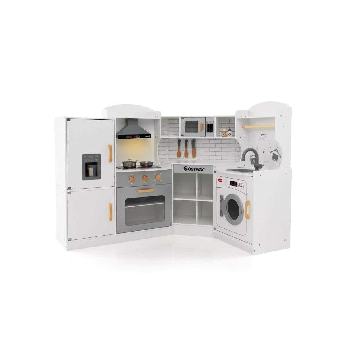 Wooden Corner Play Kitchen with a fridge, oven, hob, sink and washing machine