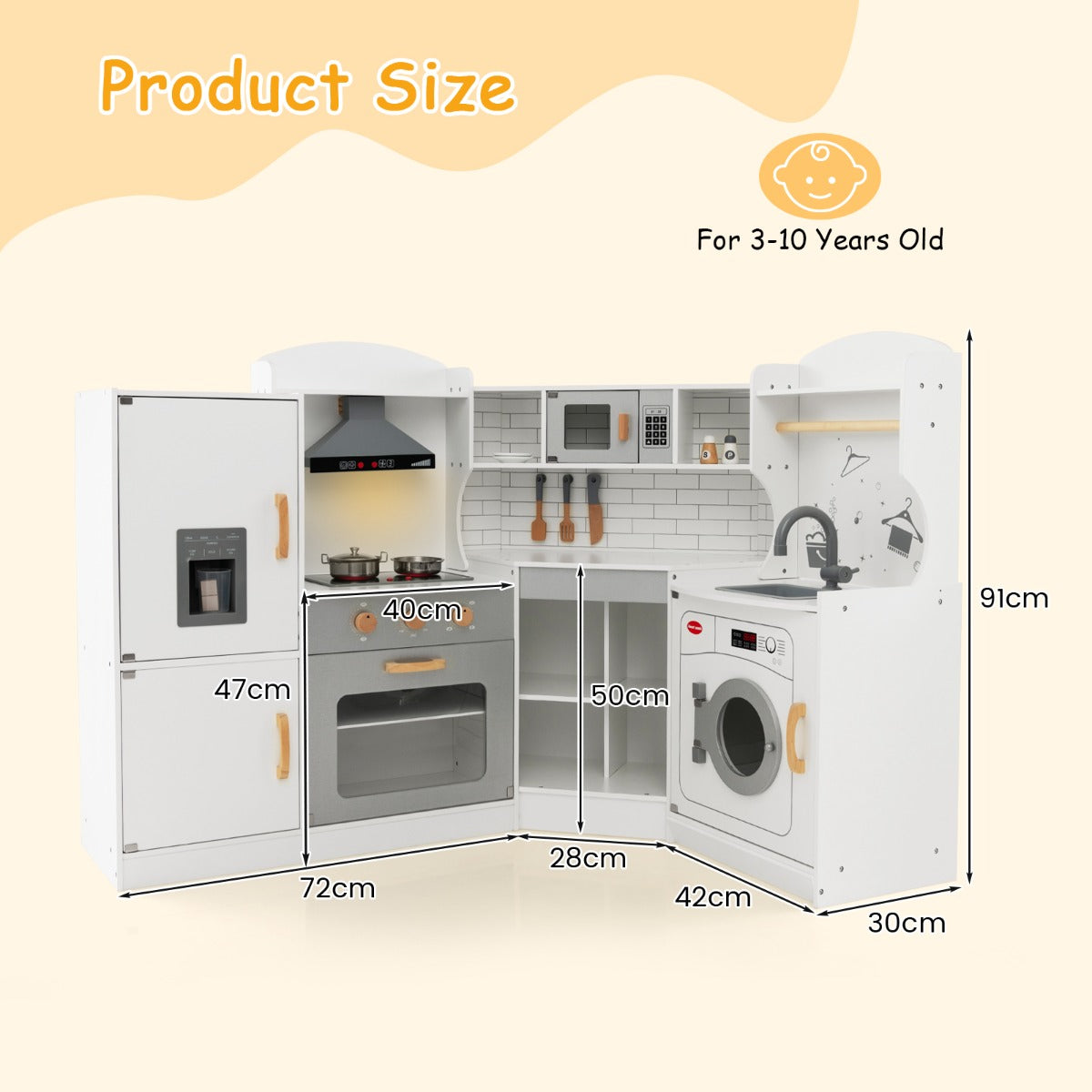 This wooden corner play kitchen shows its size with dimensions for height, width and depth
