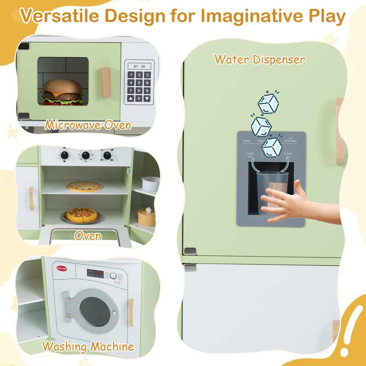 Collage of features for the corner play kitchen including microwave and washing machine