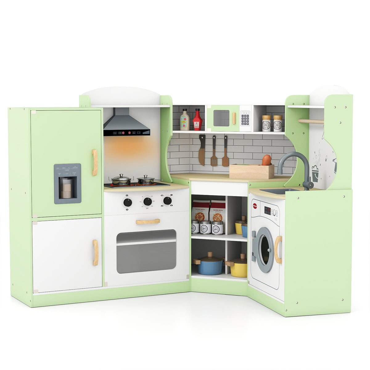 Close up of the green wooden corner play kitchen showing the oven and hob details
