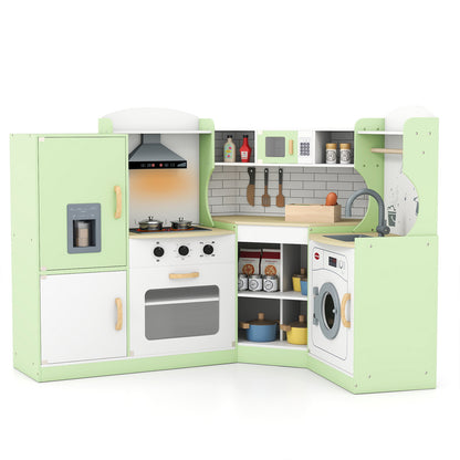 Close up of the green wooden corner play kitchen showing the oven and hob details