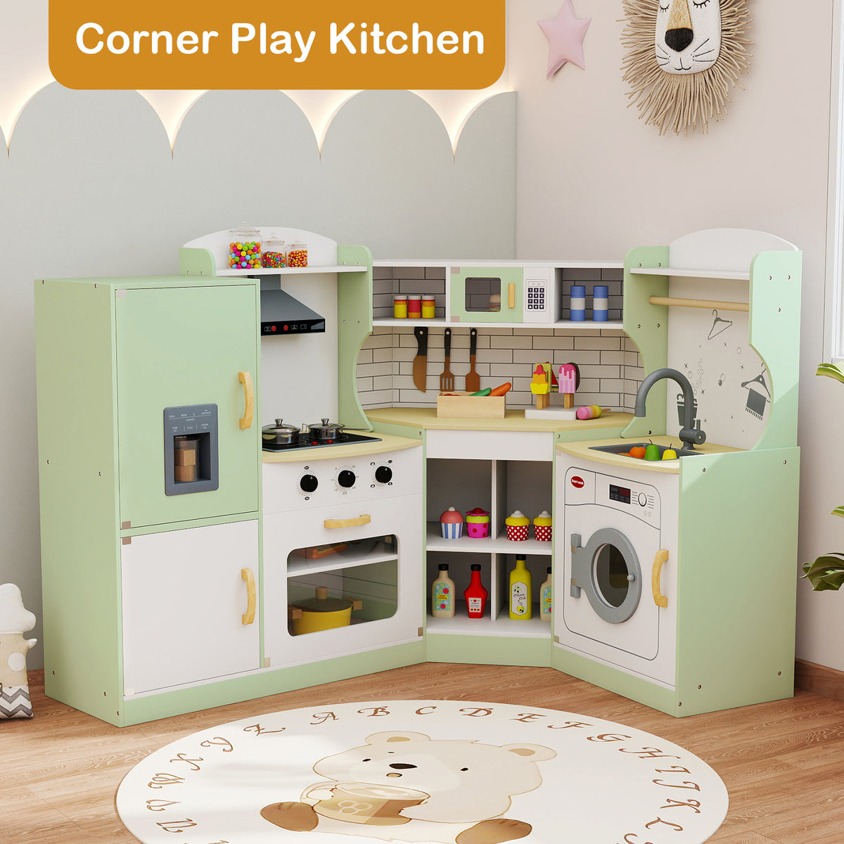 Green wooden corner play kitchen with accessories and a rug in a nursery