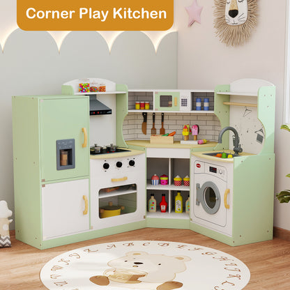 Green wooden corner play kitchen with accessories and a rug in a nursery