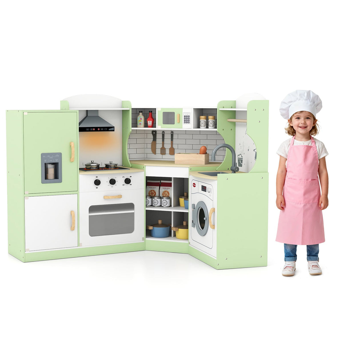 Wooden Corner Play Kitchen with Sounds and Lights a green corner kitchen with a fridge, oven, sink and washing machine