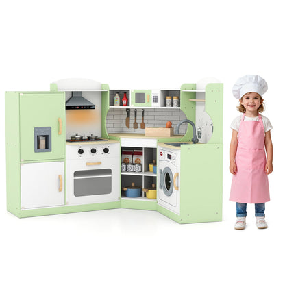 Wooden Corner Play Kitchen with Sounds and Lights a green corner kitchen with a fridge, oven, sink and washing machine