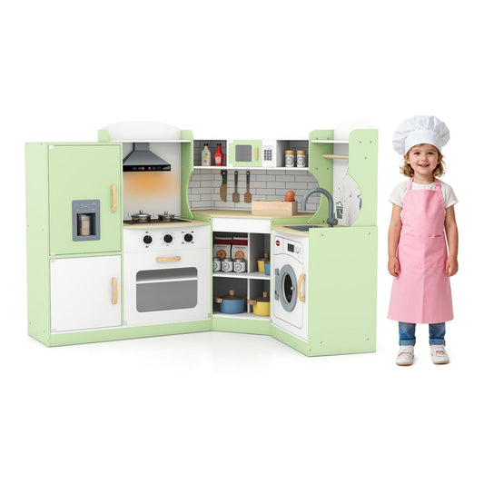 Wooden Corner Play Kitchen with Sounds and Lights a green corner kitchen with a fridge, oven, sink and washing machine