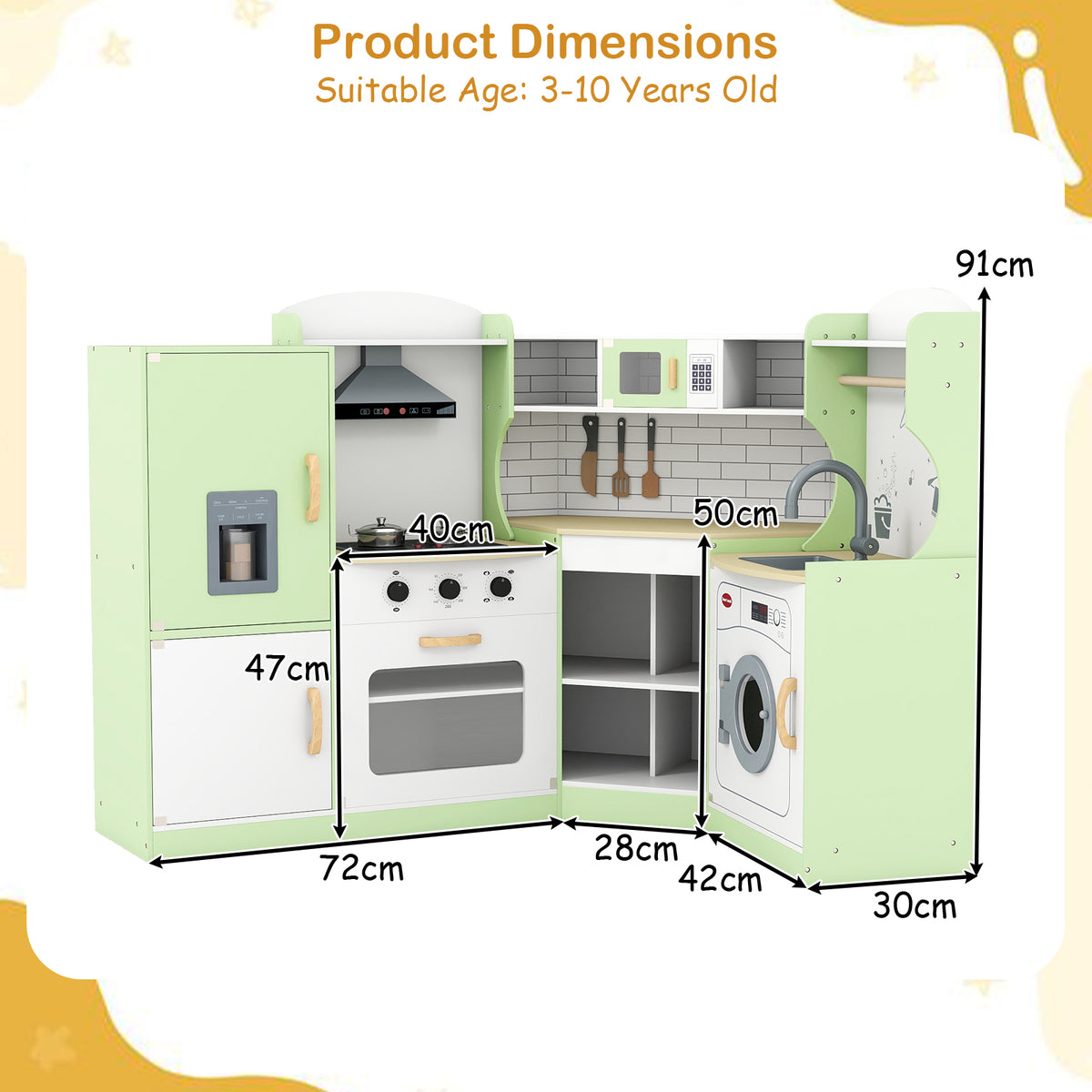 Green wooden corner play kitchen with dimensions shown for size guidance