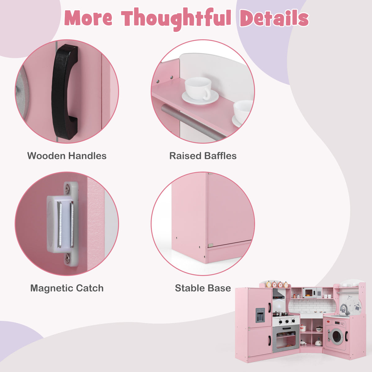 Close-ups of the pink play kitchen details including handles and catches