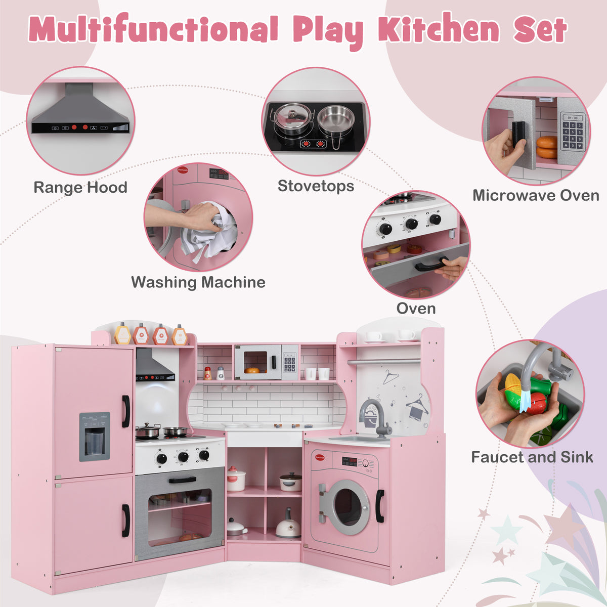 Features of the pink play kitchen including hob, oven and sink