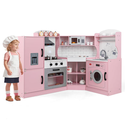 Wooden Corner Play Kitchen with Sounds and Lights, a pink toy kitchen with a child standing next to it