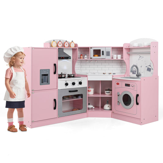 Wooden Corner Play Kitchen with Sounds and Lights, a pink toy kitchen with a child standing next to it
