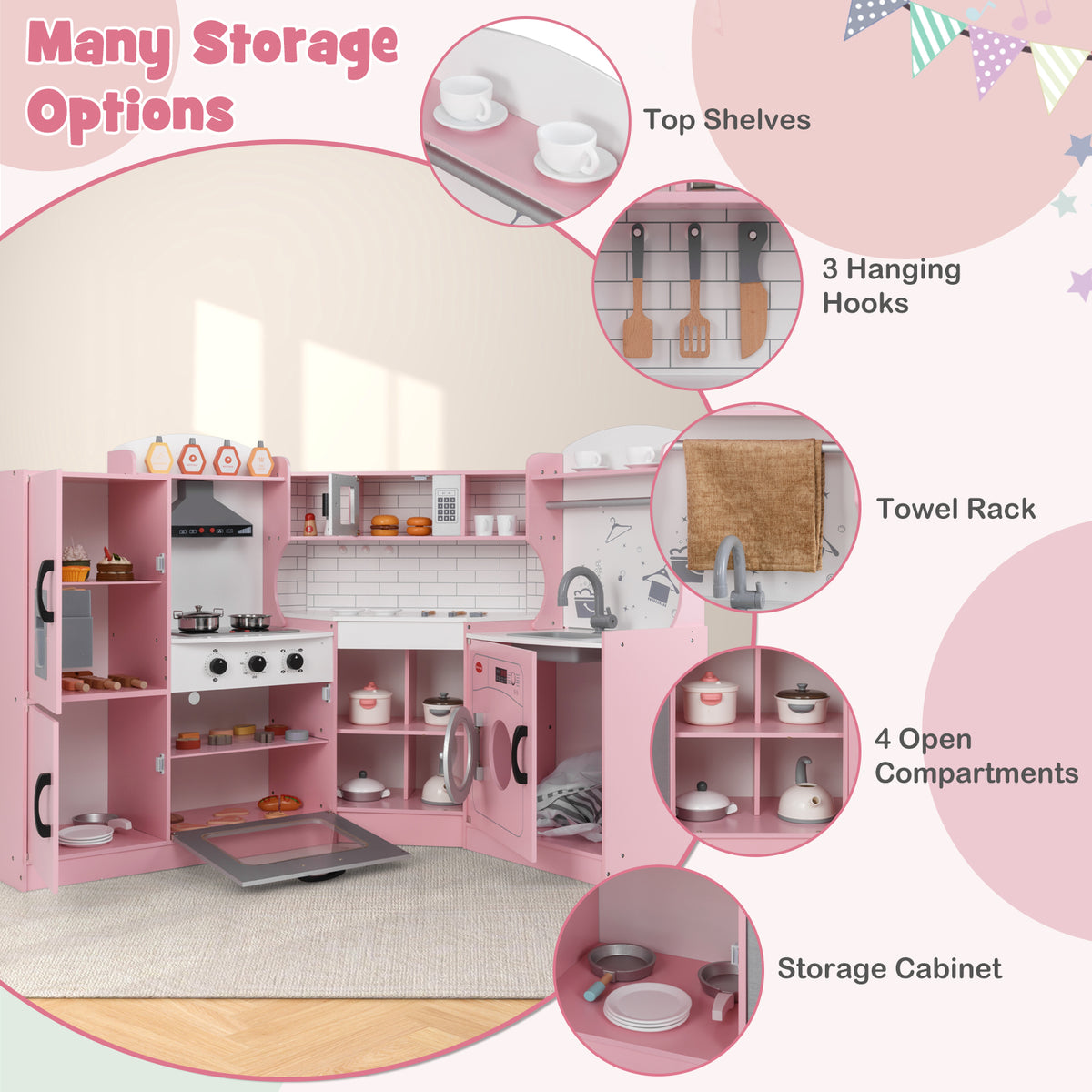 Storage options of the pink play kitchen including shelves and hooks
